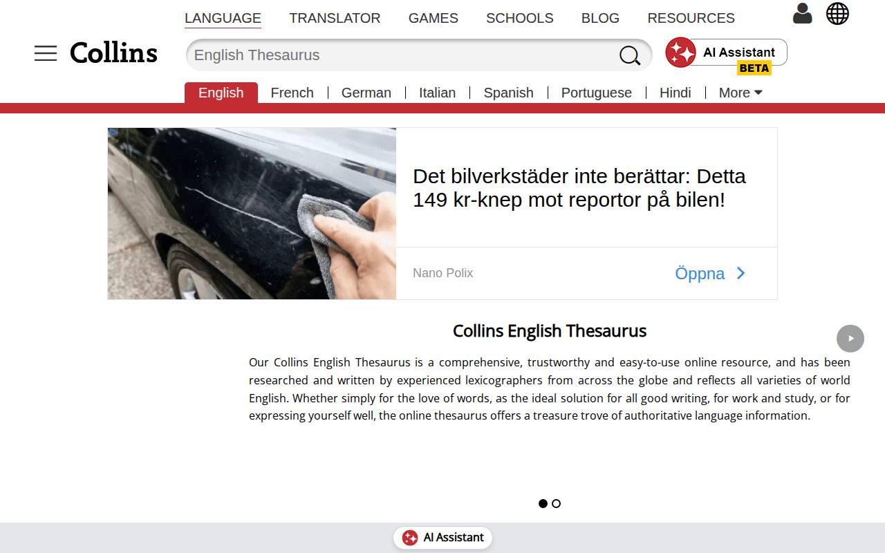 Collins Dictionary Thesaurus screenshot
